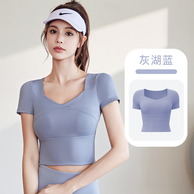 Juyitang costura ropa de Yoga de secado rápido con almohadilla en el pecho yoga manga corta sensación desnuda slim fit adelgazamiento deportes fitness top