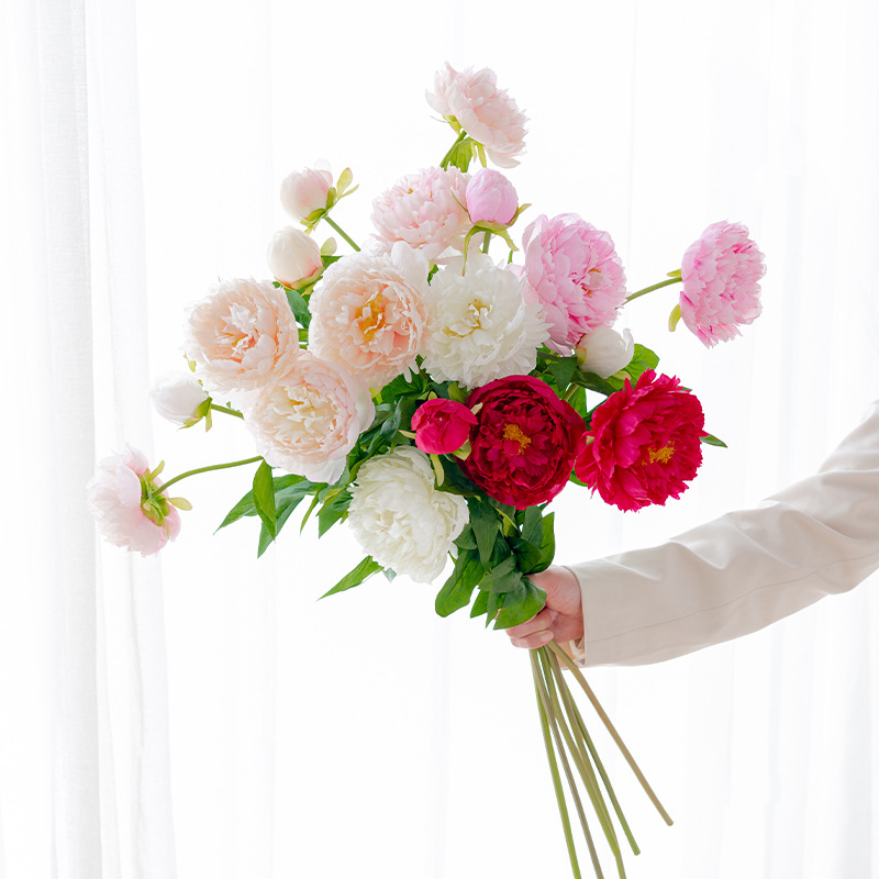 長枝3頭洋牡丹花仿真花芍藥人造花裝飾仿真植物綠植假花擺件絹花