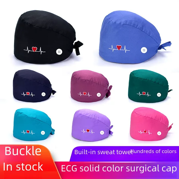 Surgical Cap Pure Cotton Buckle Sweat Absorbing Towel Electrocardiogram Embroidery Cross-border European and American Nurs Cap Printed Baotou Cap Doctor Cap