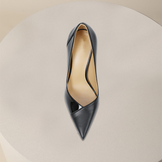 Black Professional High Heels Women's 2024 New Stitching Patent Leather Pointed Design Niche Elegant Single Shoes Women's Shoes