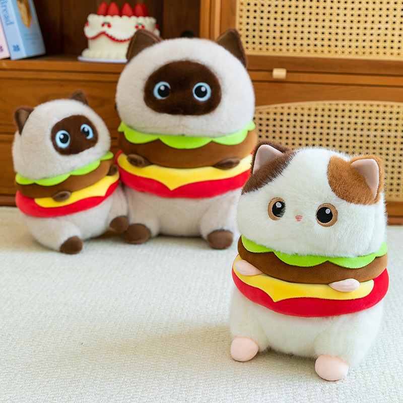 Cute hamburger cat plush toy, Siamese cat stuffed toy, children's sleeping pillow, black cat doll Cute hamburger cat plush toy, Siamese cat stuffed toy, children's sleeping pillow, black cat doll