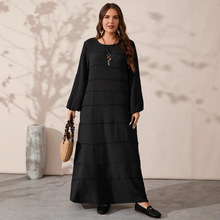 2025新款亚马逊TEMUTiktok跨境女装褶皱宽松连衣裙遮肉拼接超长裙