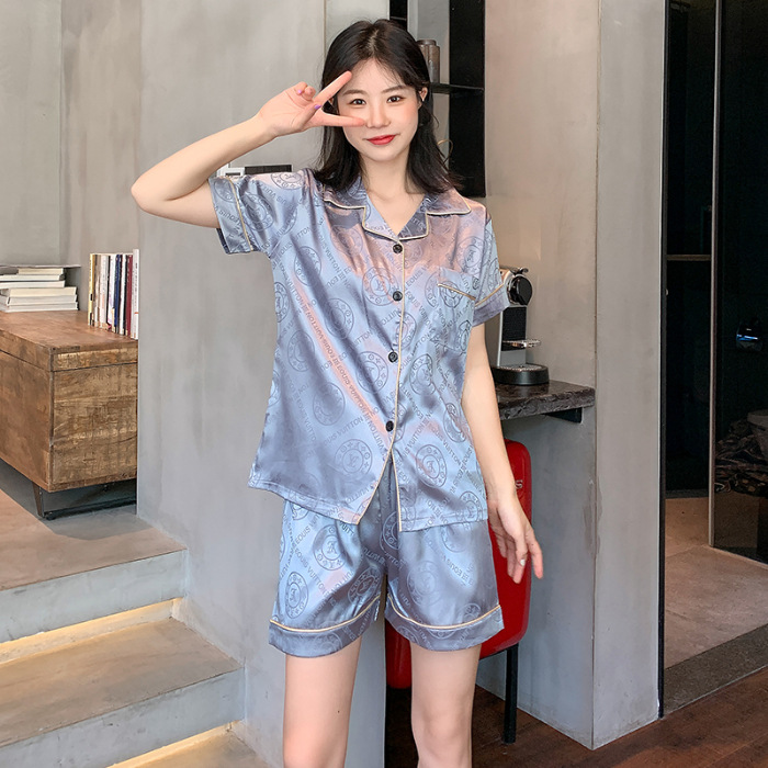 Pijamas de verano hombres de seda artificial jacquard Plaid pareja de Mujeres de manga corta de solapa cardigan casual cómodo traje de uso doméstico