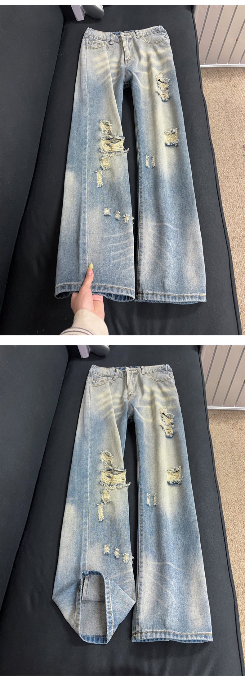 Men's Ripped Jeans High Street Style Slightly Flared Straight Leg Pants Trendy Brand Versatile Summer Design Wasteland Look_mkmklike.com