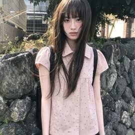 学院少女风粉色娃娃领波点短袖衬衫女2026夏季韩系显瘦甜美上衣潮