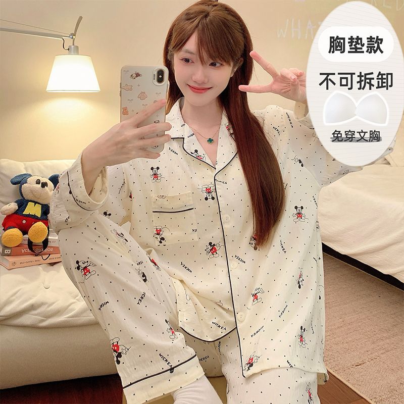 Al por mayor transfronterizo de otoño pantalones de manga larga pijamas casuales de mujer con cojín de pecho cardigan cómodo algodón nubes ropa para el hogar encantadora