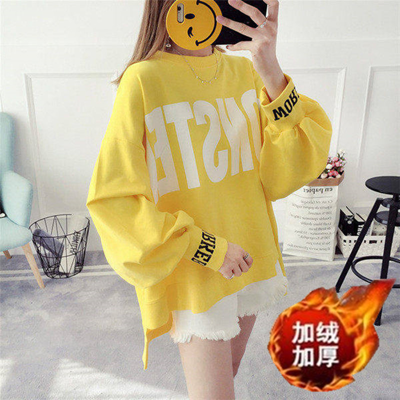 fleece-lined Thickened Korean Style Fashionable Harajuku Style plus size chubby girl Student Bubble Sleeve Long Sleeve Sweatshirt Women's Coat Loose