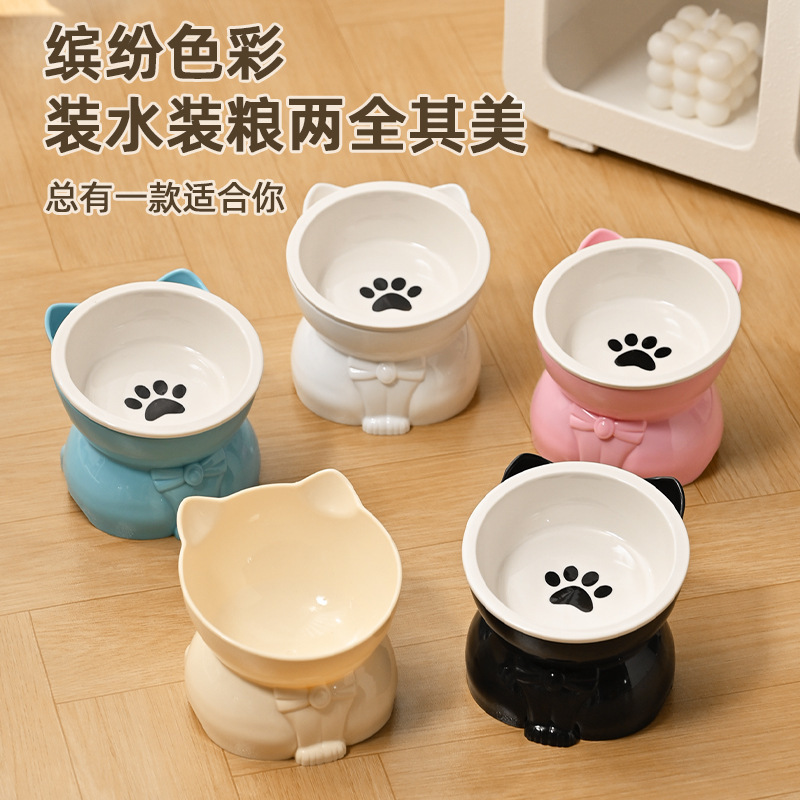 Cat Bowl Cute Ceramic Cat Drinking Water Meal Bowl Cat Food Basin Protection Cervical Spine Cat Food Bowl Oblique Mouth High Foot Pet Bowl
