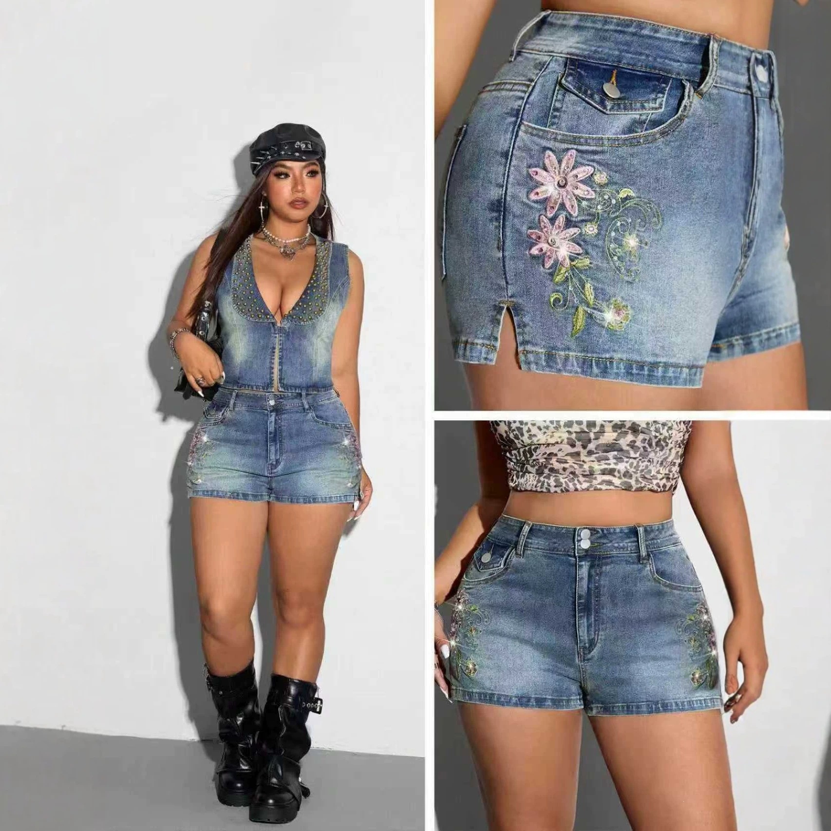 cintura alta doble botón flores espinadas jeans de diamante pantalones cortos de mujer horquilla lateral pantalones calientes fuente de stock al por mayor image 1