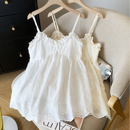 Lose weight large size 300 pounds design sense lace edge spaghetti strap top women summer niche matchy matchy sweet tunic