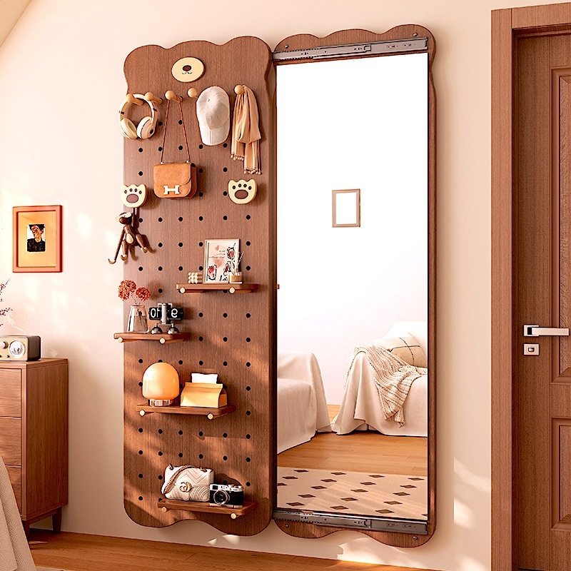 Solid Wood Pegboard with Hidden Dressing Mirror, Integrated Door-Back Clothes Rack, Storage Shelf, Home-Use Wall-Mounted Mirror, Full-Length Mirror