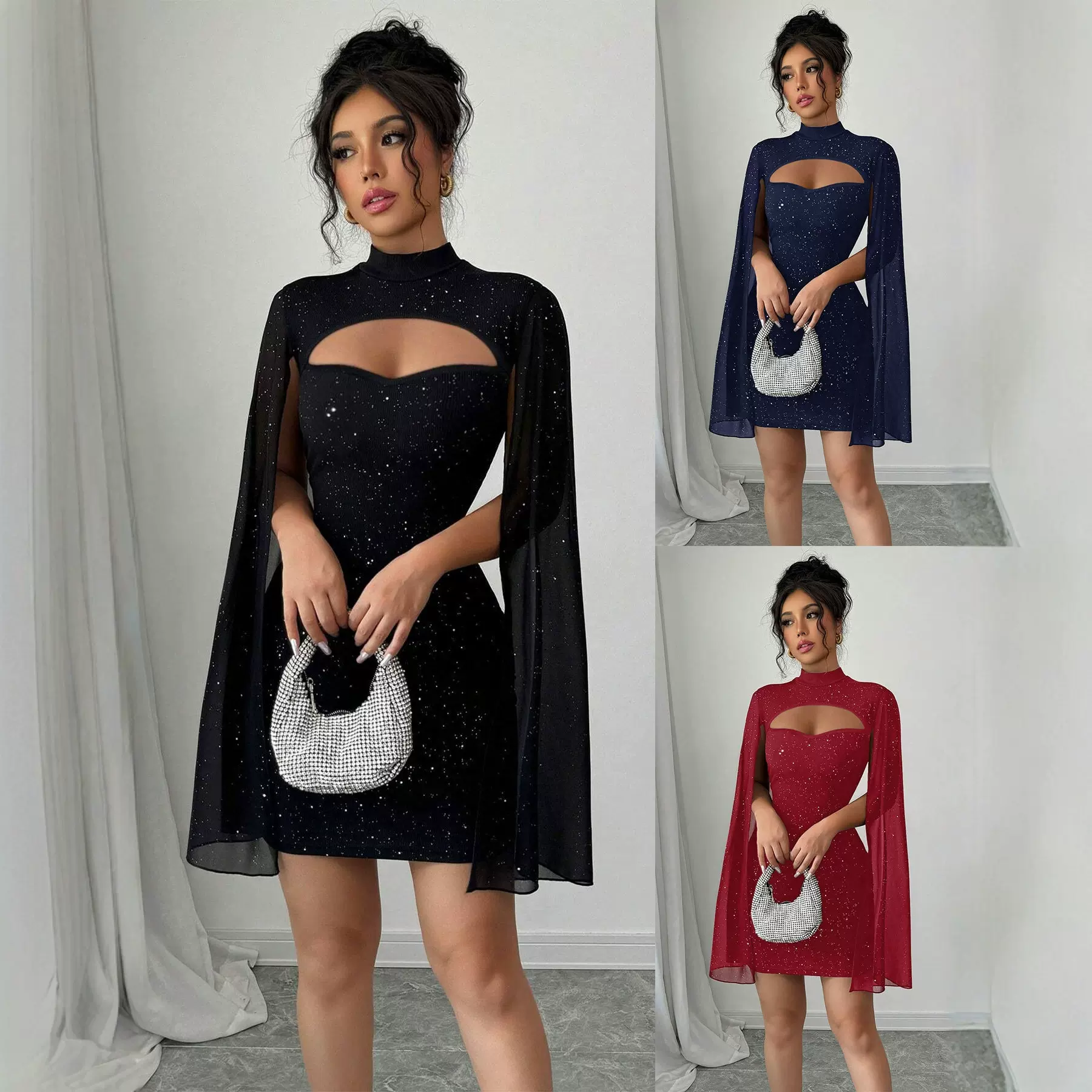 跨境欧美女装亚马逊速卖通圆领坑条珍珠雪纺斗篷包臀连衣裙女