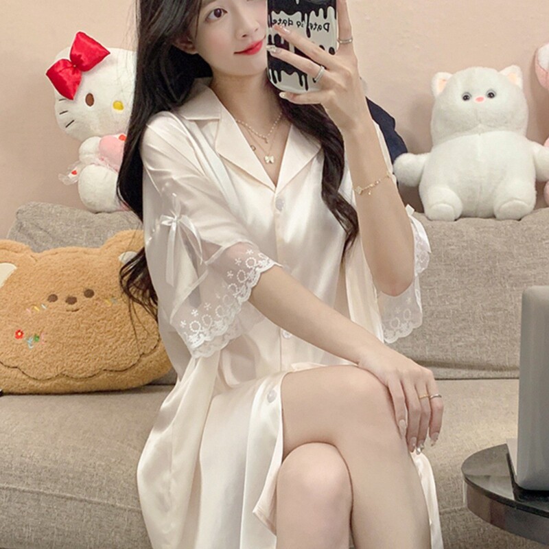 Nightgown Summer Women's 2026 New Short-Sleeved Ice Silk Korean Style Mid-Length Pajamas Summer Sexy Shirt Home Wear