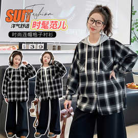 织里童装女童韩范连帽黑白格子衬衫2026春季新款中大童休闲时尚简