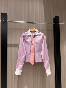 Fashionable Age-reducing Wear Embroidered LOGO Letter Pink Tie Decorative Color Matching Collar Short Shirt
