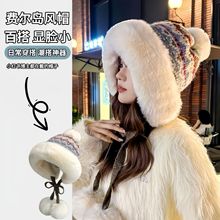 冬季女费尔岛风加绒加厚保暖针织帽蒙古护耳毛线帽大头围雷锋帽子