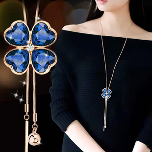 New Crystal four-leaf flower sweater chain women's creative pendant pendant long necklace cross-border explosions factory direct sales