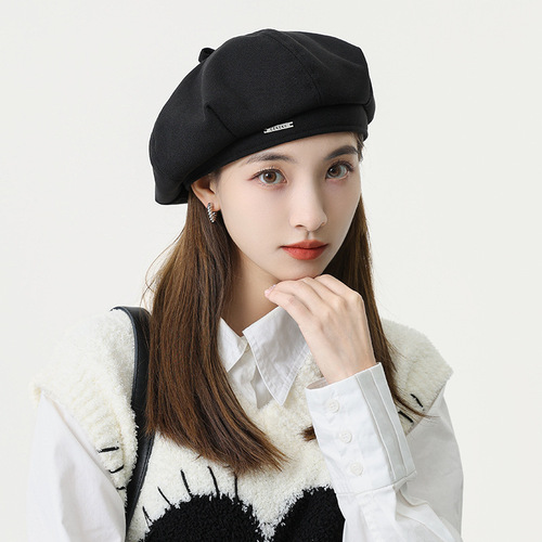 Korean style autumn and winter woolen metal beret hat for women, octagonal hat, big head circumference, small face, fashionable literary painter hat