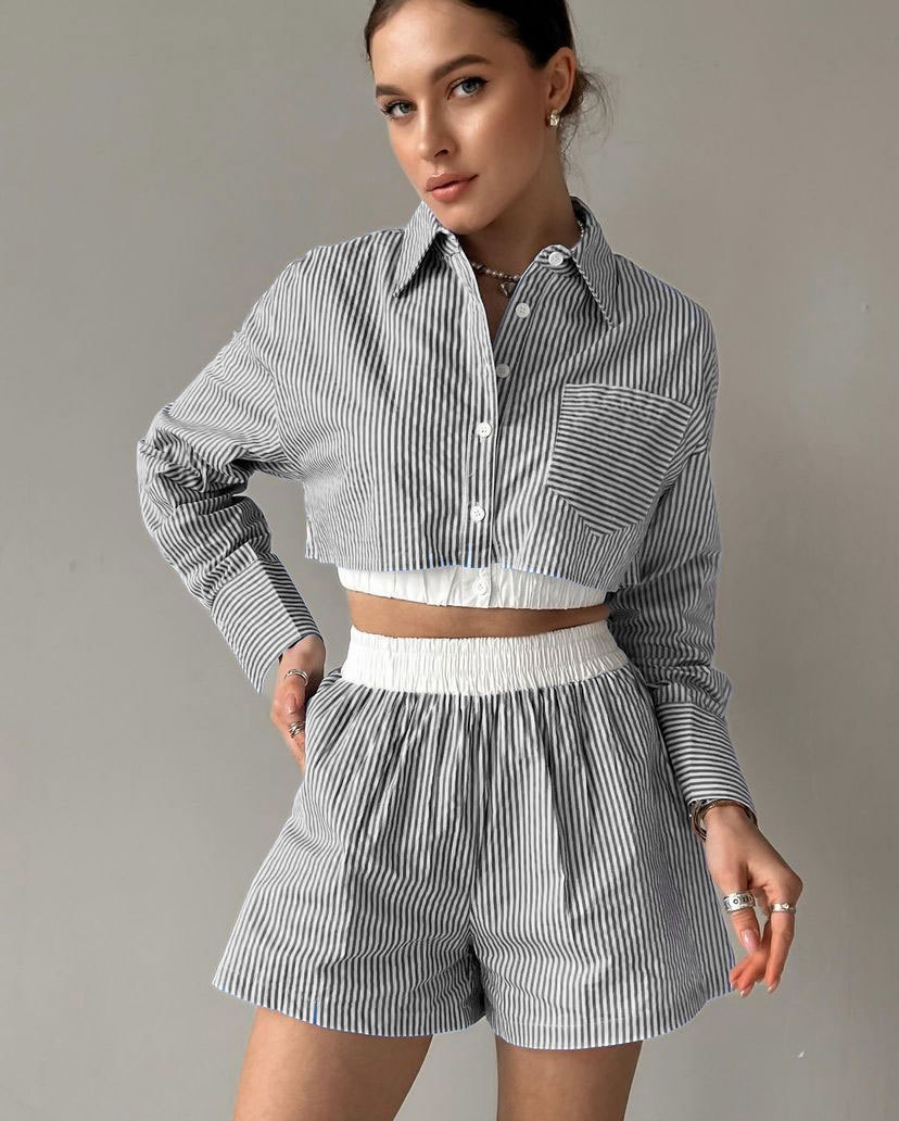 Striped Shirt Long Sleeve Ladies Two Piece Set Casual Elastic Waist Shorts Suit Summer