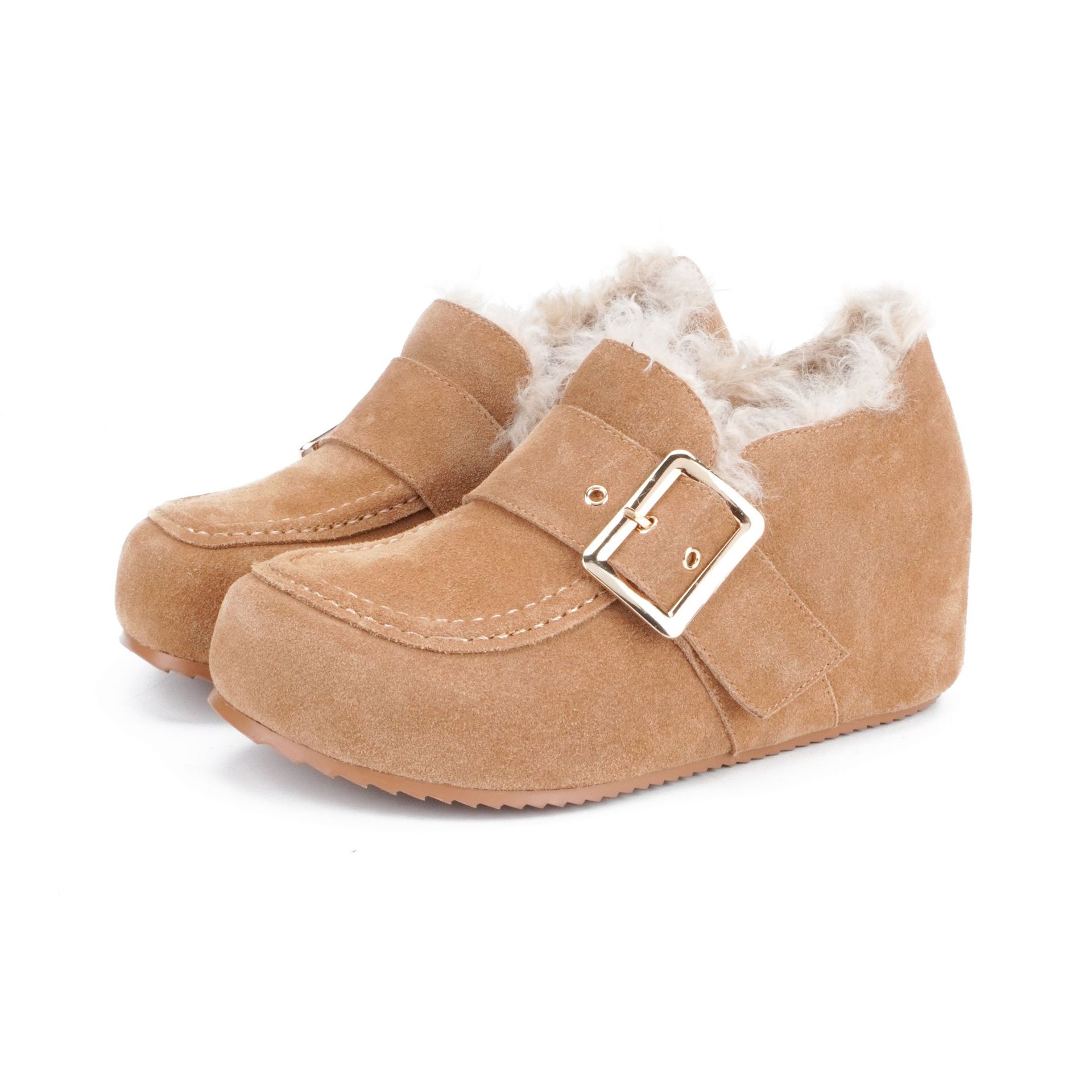 Giày lười nữ da nubuck lót lông mùa đông, đế mềm tăng chiều cao — màu đen