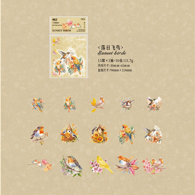 Poesía de azúcar PET tinta blanca pegatinas paquetes de aves series ins pequeñas flores frescas pájaros materiales de decoración pegatinas