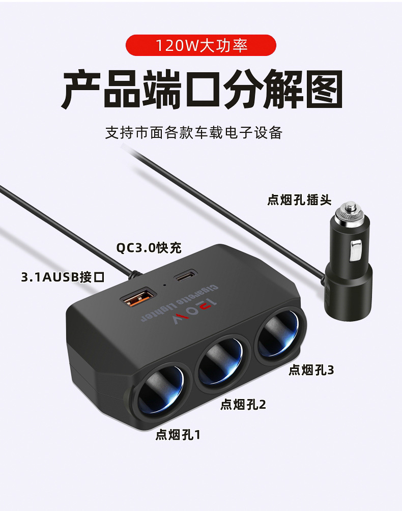 Car Charger Car Cigarette Lighter Conversion Plug Power Extension Cord One to Three USB Fast Charging Rear 24V