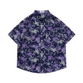 ins复古紫色花卉满印短袖衬衫男2023新款潮牌街头夏威夷风花衬衣