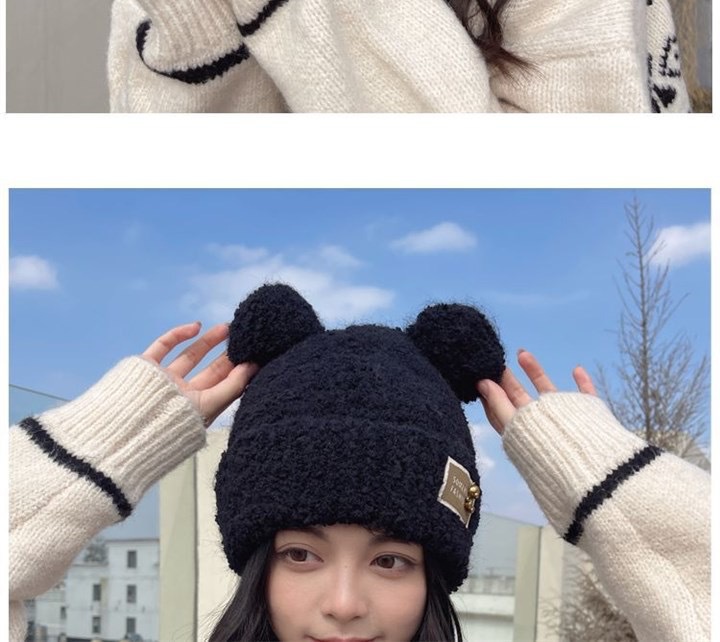 Petit bonnet ours pour femme, couleur kaki, à pompon, chaud pour l'hiver, épais, protection des oreilles, joli bonnet tricoté pour les étudiantes_voghion.com