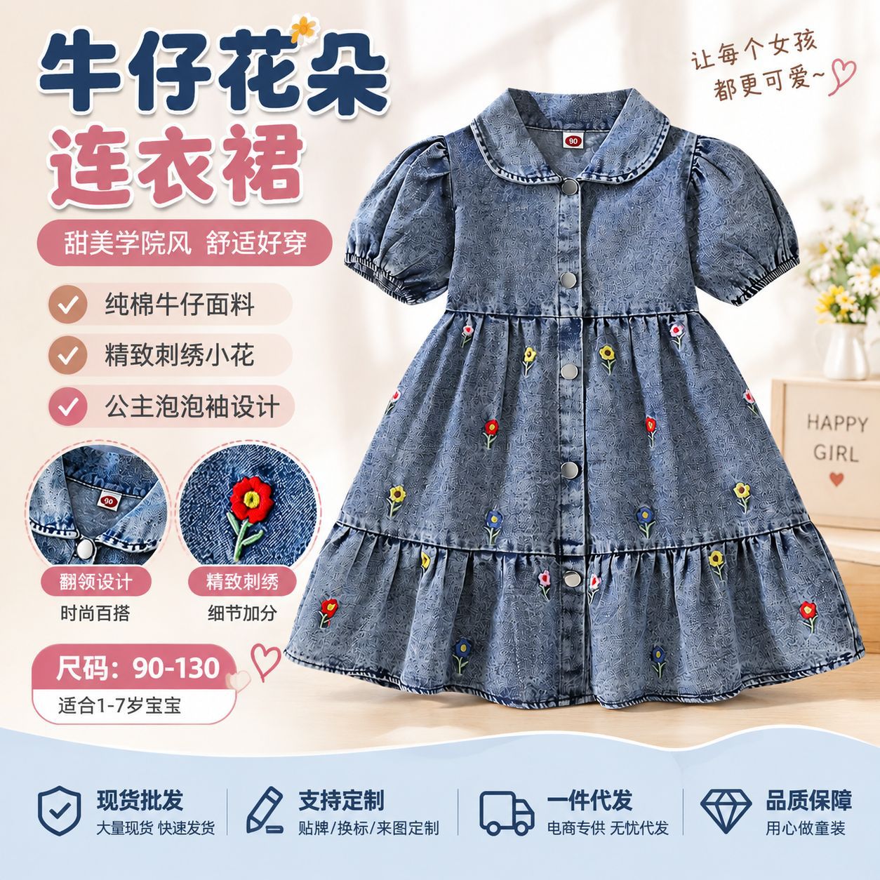 Girls' denim dress, 2026 spring/autumn collection, Korean style, puff sleeves, embroidered floral design, princess dress, wholesale children's dresses