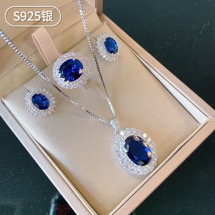 Zhuang Sheng joyería S925 joyería de plata traje clásico imitación Tan cantó zafiro Dan-en forma de anillo pendientes colgante traje