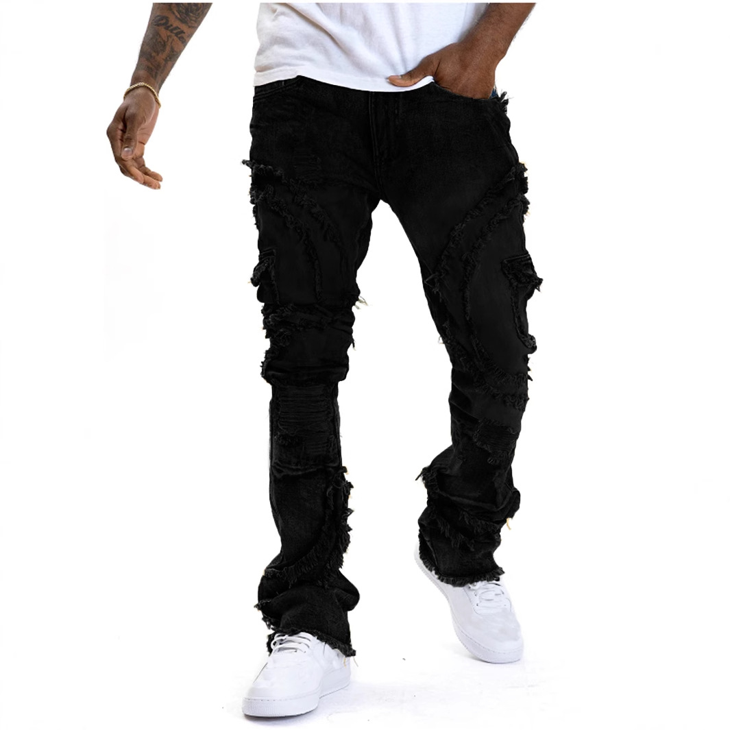 K Men's Perforated Slightly Flared Fringe Elastic Jeans New Style_voghion.com