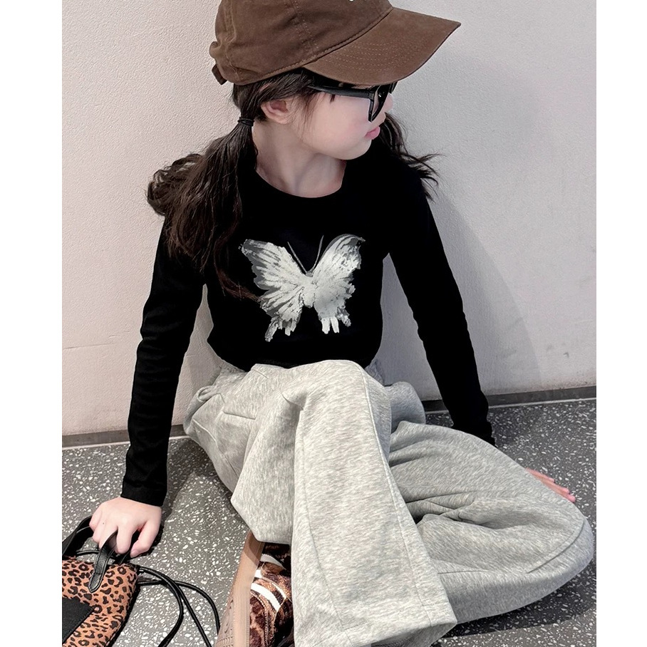 女童黑色打底衫秋季2025新款儿童短款潮酷上衣女大童早秋长袖t恤