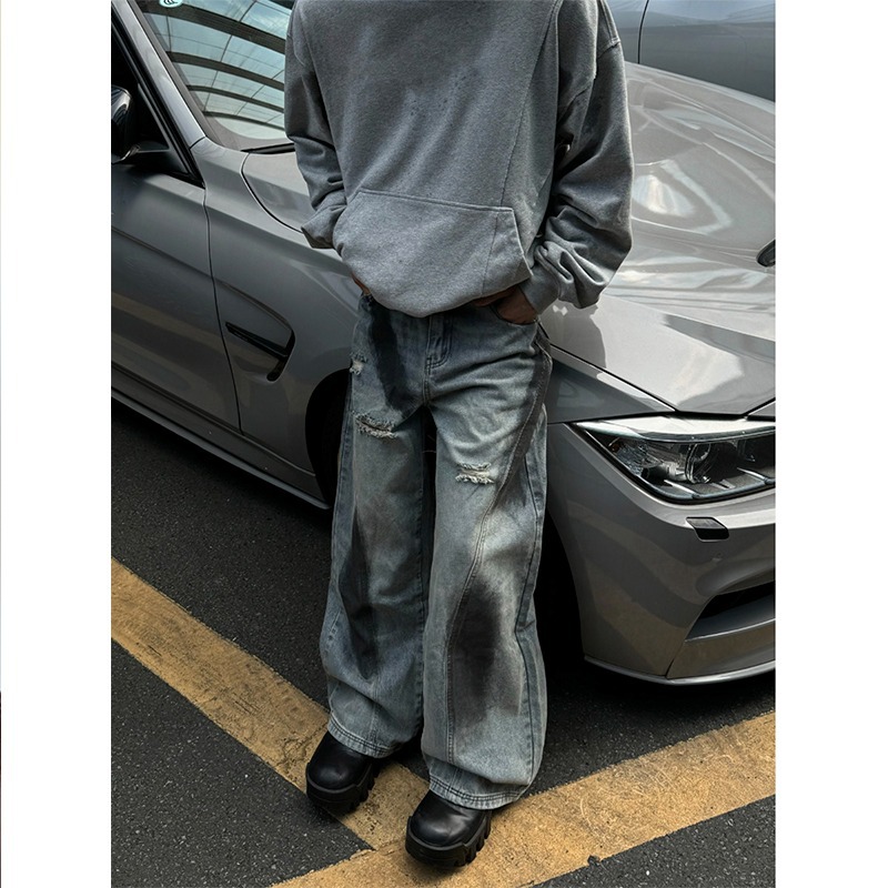 High Street Summer Retro Autumn Vibe Ink Splash Hole Jeans Loose Deconstructed Straight Wide Leg Long Pants_viptrois.com