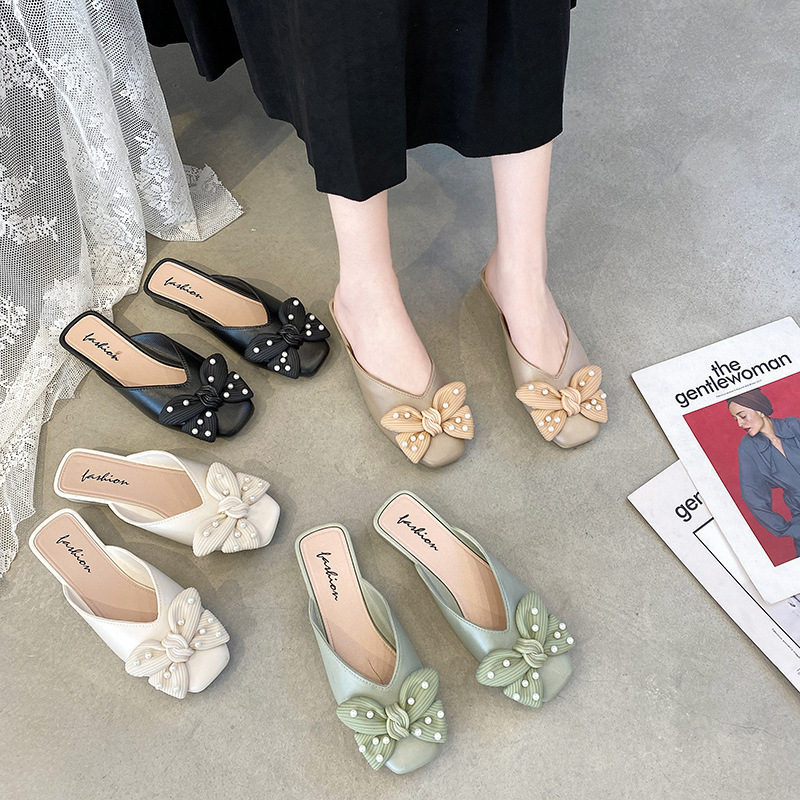 New Style Bow Baotou Outer Wear Slippers Women's Summer Casual Internet Popular Fashion Slip-on Mueller Shoes Lazy Half Slippers
