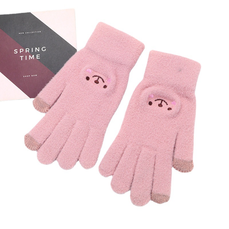 手套女冬季女学生保暖手套触屏加绒防寒可爱笑脸刺绣韩版针织手套