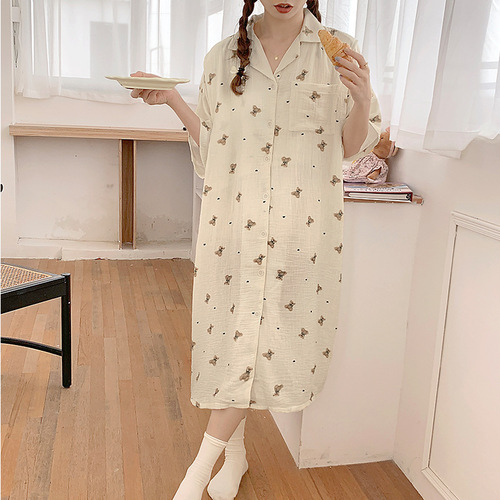 Pregnant women breastfeeding nightgown summer thin short-sleeved pure cotton gauze postpartum clothing pajamas summer maternity check-up dress