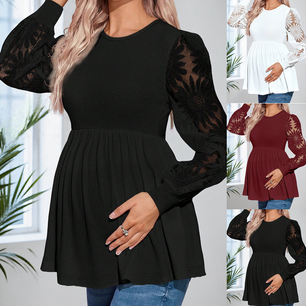 Cross-border maternity spring and autumn lace splicing lantern long sleeve round neck ribbed babydoll shirt, loose and versatile belly-support T-shirt