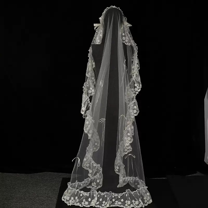 新款米色蕾丝头纱长款森系蝴蝶结大花边头饰婚庆影楼新娘饰品头饰