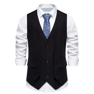 2024 spring and summer new cross-border wholesale European size solid color retro V-neck fake two-piece men's suit vest