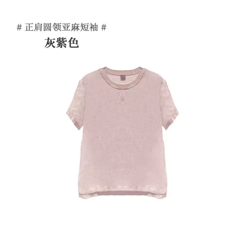 女士短袖梭织亚麻夏季新款宽松休闲正肩圆领亚麻短袖T恤