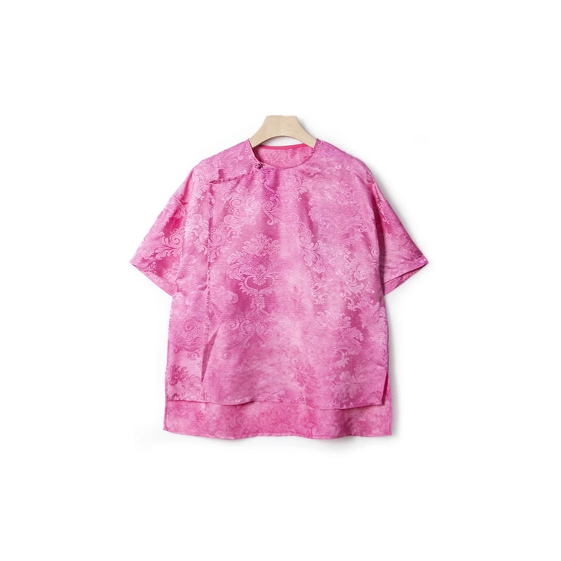 Summer Slant Placket Super Color Jacquard Shirt Women's Shoulder Sleeve National Style Button Top Shirt Pants