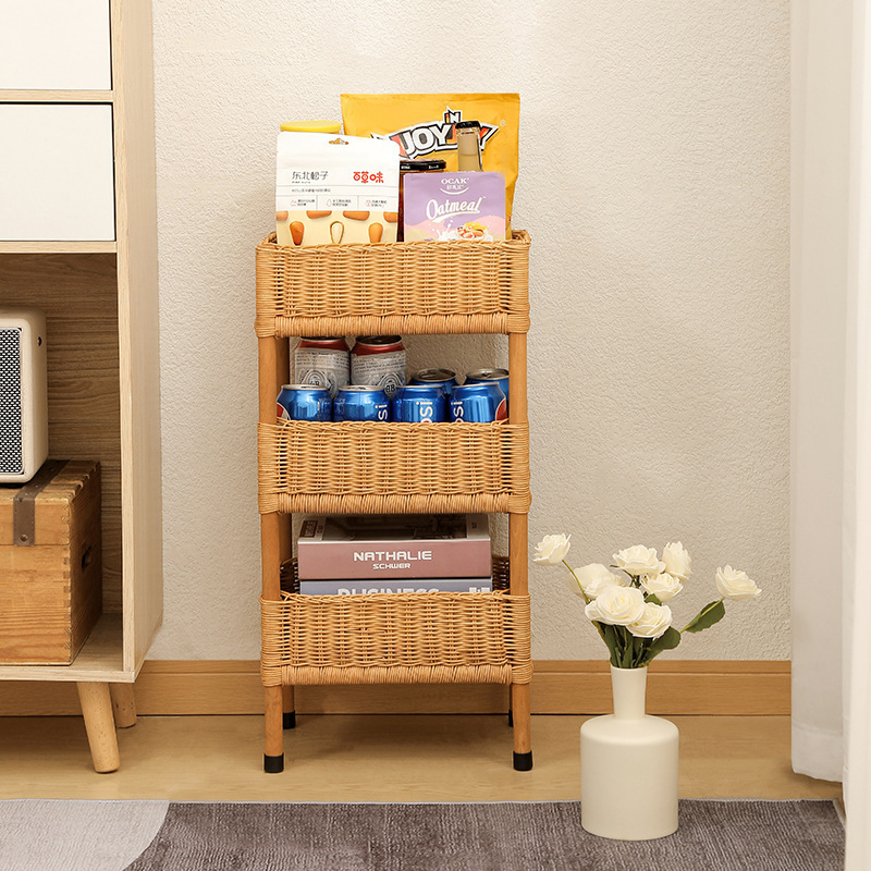 床置き籐収納ラック B&B 装飾雑貨収納ラック カントリースタイル手織り無垢材多層収納バスケット|undefined