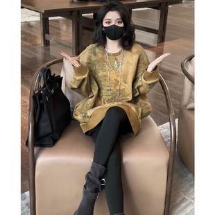 5203 shipping Joker slimming mid-length thickened printed 2025 spring and autumn sweater crew neck shoulder sleeve top