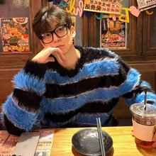 原宿条纹马海毛毛衣冬季男新款气质跨境百搭潮流文艺流行长袖圆领