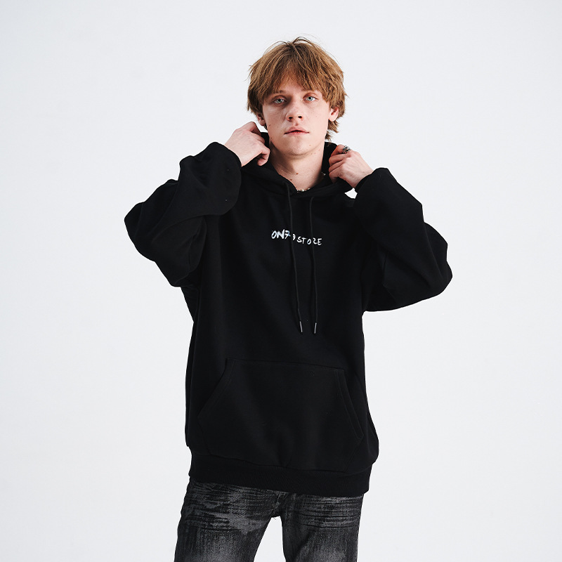 Vīriešu Apģērbi rudens un ziemas jauns nacionālais plūdmaiņas zīmols vīriešu apģērbs smags žestu apdruka flīss biezs džemperis ar kapuci vīriešu brīvs_voghion.com