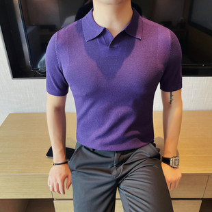 3769-P63 Round Neck Short-Sleeved Knitted T-Shirt Men's Breathable Stripesd Mid-Sleeve Ice Silk T-Shirt Bottoming Shirt