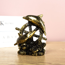 地中海风复古船舵海豚摆件做旧树脂海洋风桌面装饰创意家居工艺品