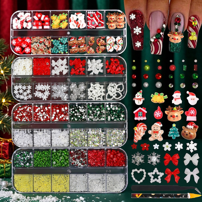 Christmas Nail Art Mixed Decoration Set: 3D Snowman, Snowflake, Bow, Pearl, Steel Bead, Rhinestone Nail Decoration Materials Christmas Nail Art Mixed Decoration Set: 3D Snowman, Snowflake, Bow, Pearl, Steel Bead, Rhinestone Nail Decoration Materials