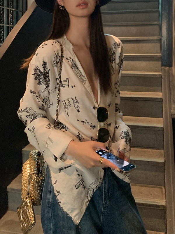 法式文艺长袖衬衫女2025秋季新款设计宽松衬衣毛边慵懒感宽松上衣|undefined
