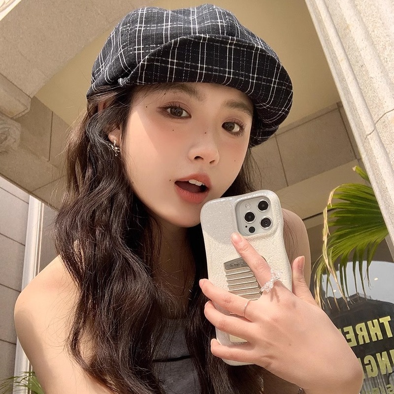 新しい韓国風チェック柄ベレー帽女性用春と夏の森スタイル文学多用途キャスケットハット顔が見える小さな八角形帽子画家の帽子|undefined